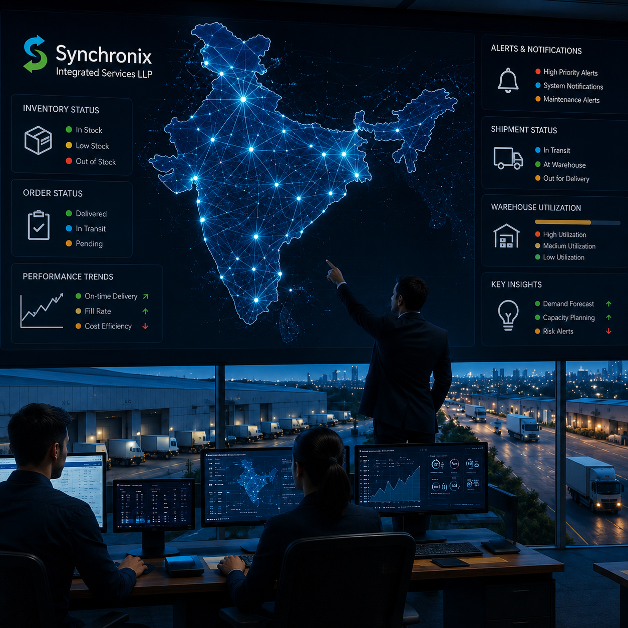 Synchronix supply-chain control tower dashboard showing a live India logistics network